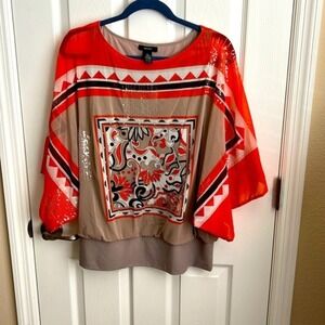 Alfani Women's Orange‎ Taupe Print Sequin Blouse Top Large Dolman Sleeve